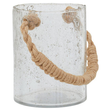 Clear glass candle holder with a natural rope handle on a white background