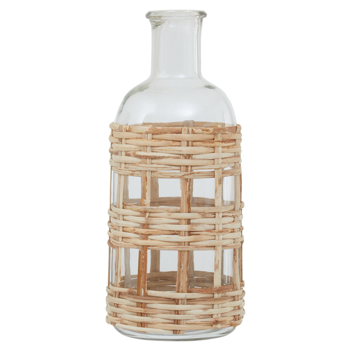 Clear glass bottle with a wicker basket design on a white background
