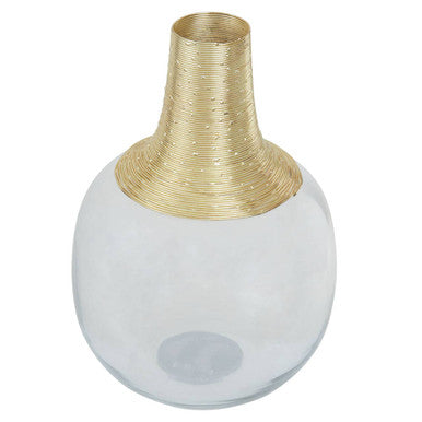 Decorative vase with gold and white design on a white background