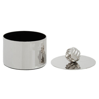 Silver cylindrical container with a lid on a white background