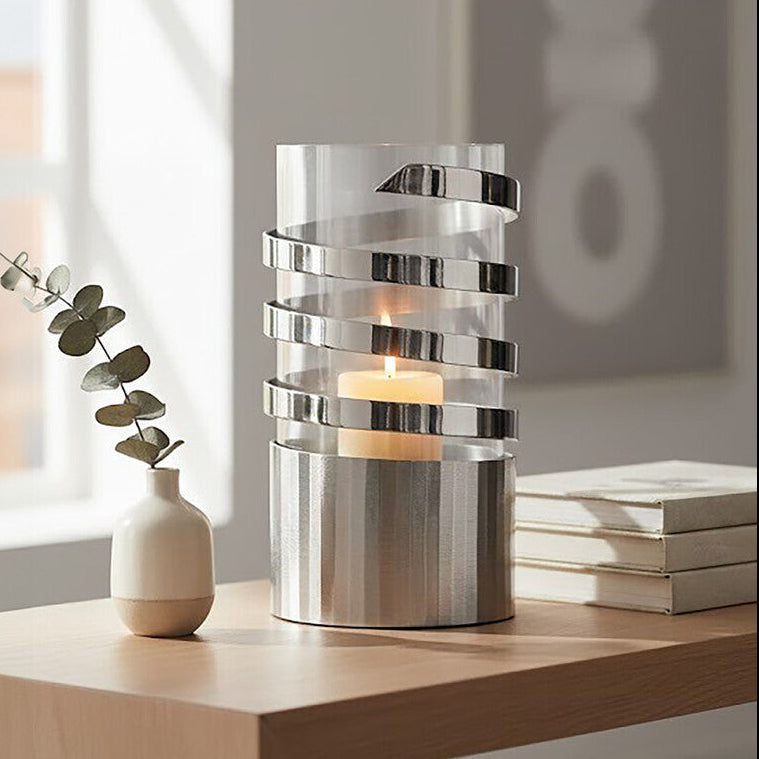 Amreli Large Vertical Textured Silver Metal Hurricane Candle Holder - Image 2