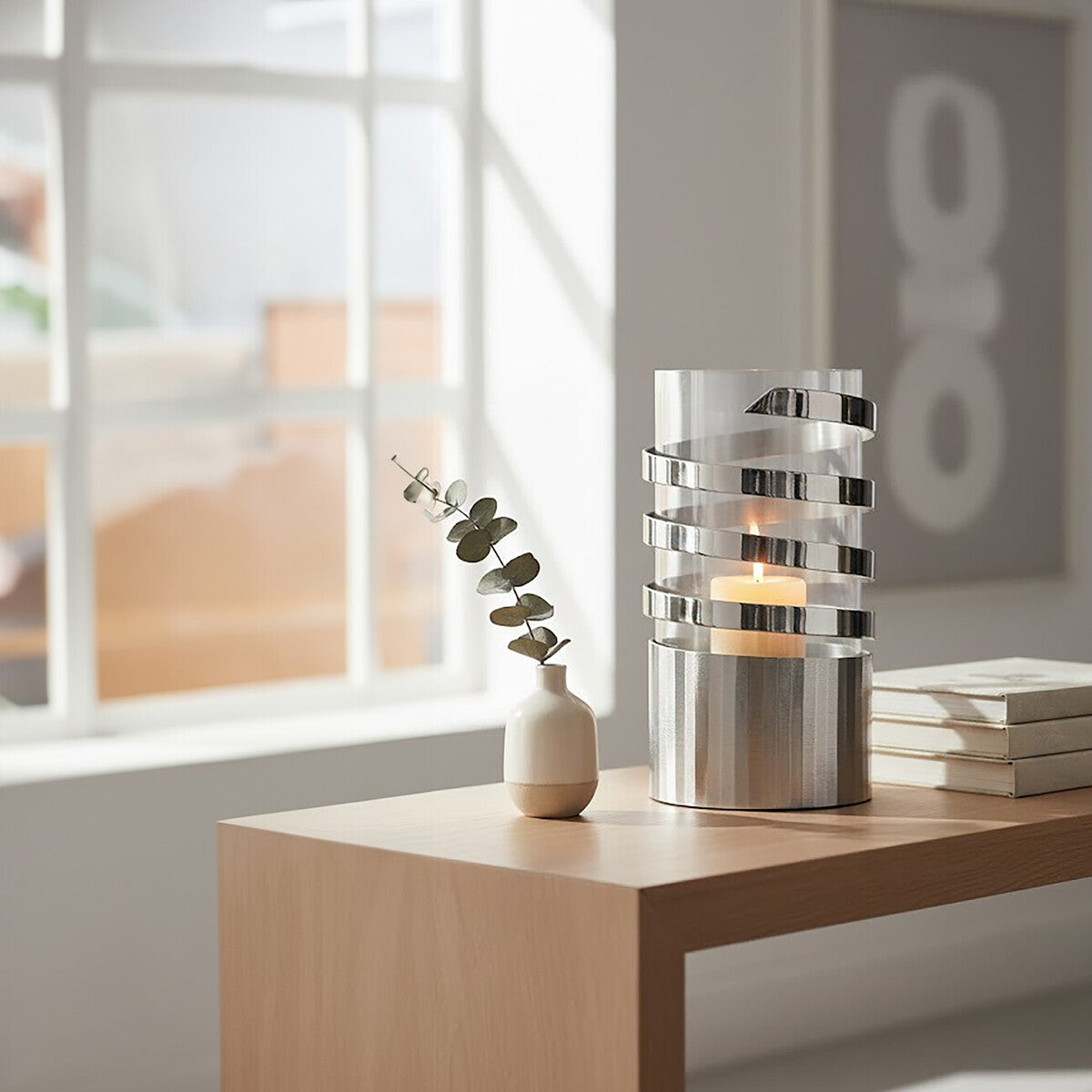 Amreli Large Vertical Textured Silver Metal Hurricane Candle Holder