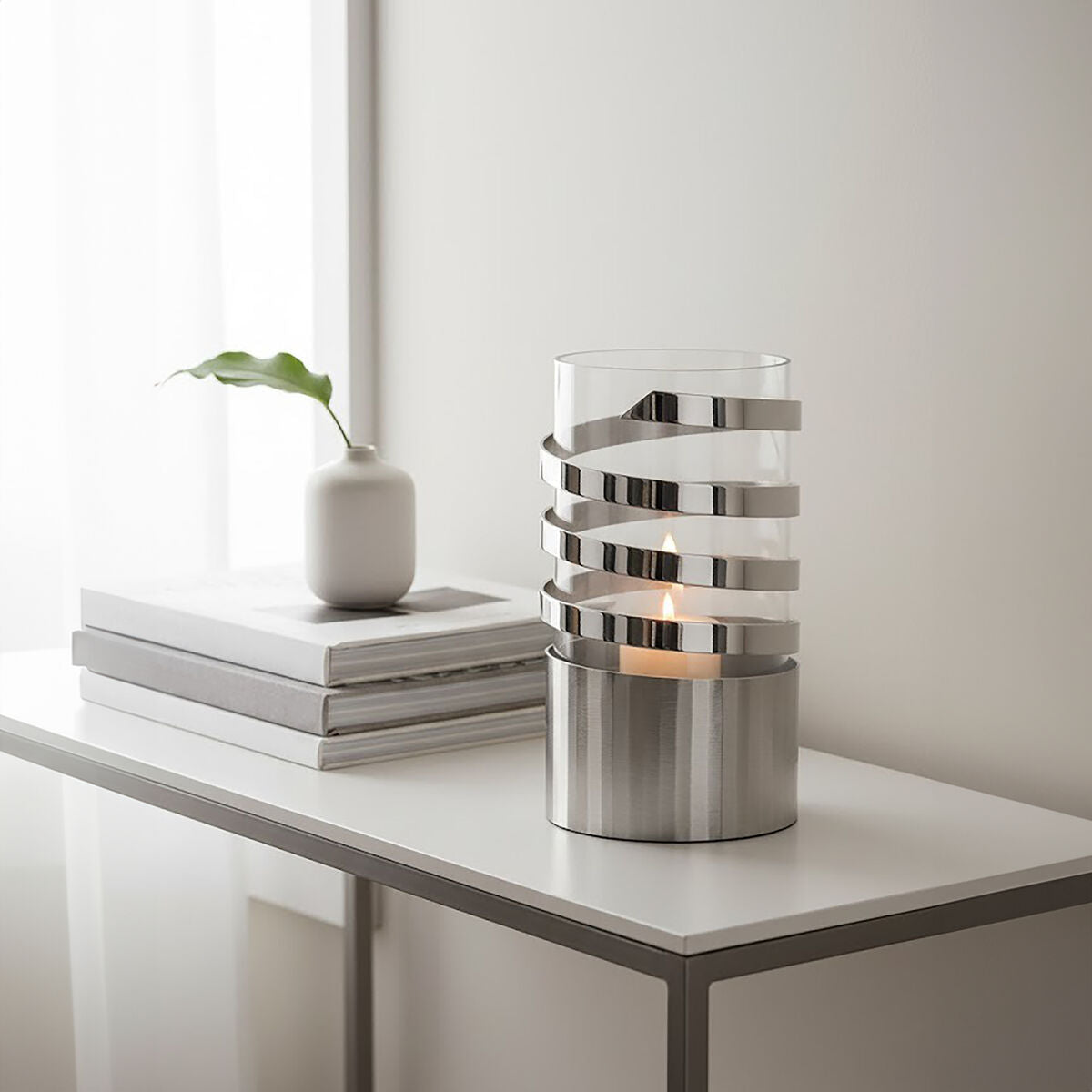 Amreli Small Vertical Textured Silver Metal Hurricane Candle Holder - Image 2