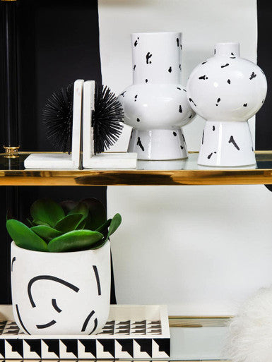 Decorative shelf with black and white vases and a potted plant.