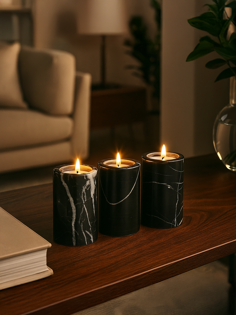 Salmo Set Of Three Black Marble Tealight Holders