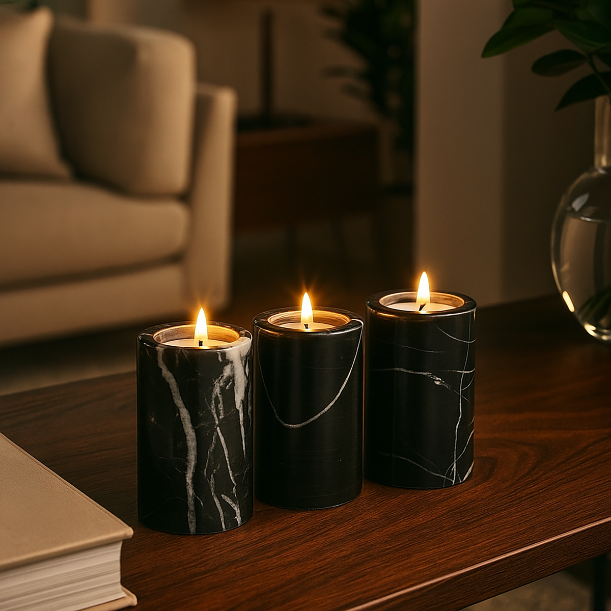 Three black marble-patterned candles on a wooden surface with a blurred background
