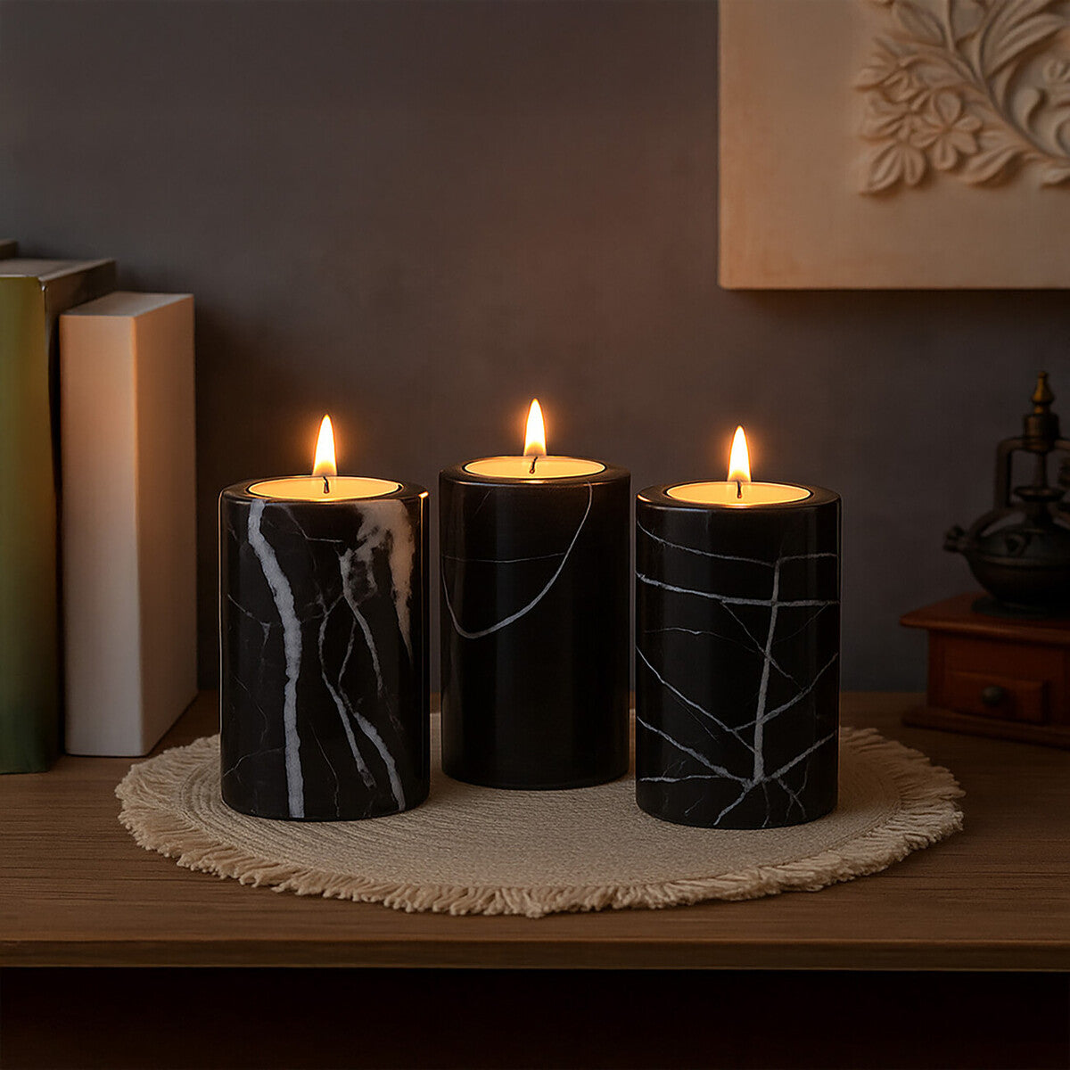 Salmo Set Of Three Black Marble Tealight Holders