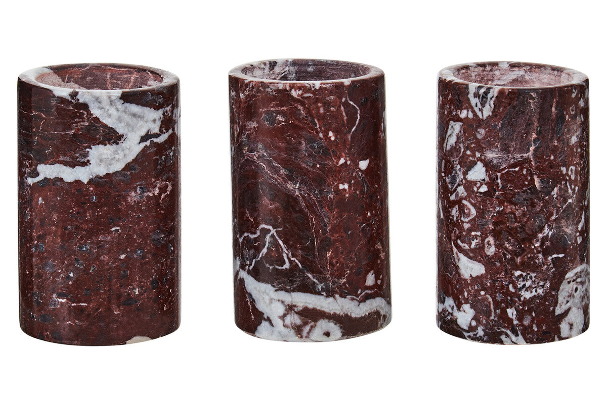 Three cylindrical marble vases with a brown and white marbled pattern on a white background.