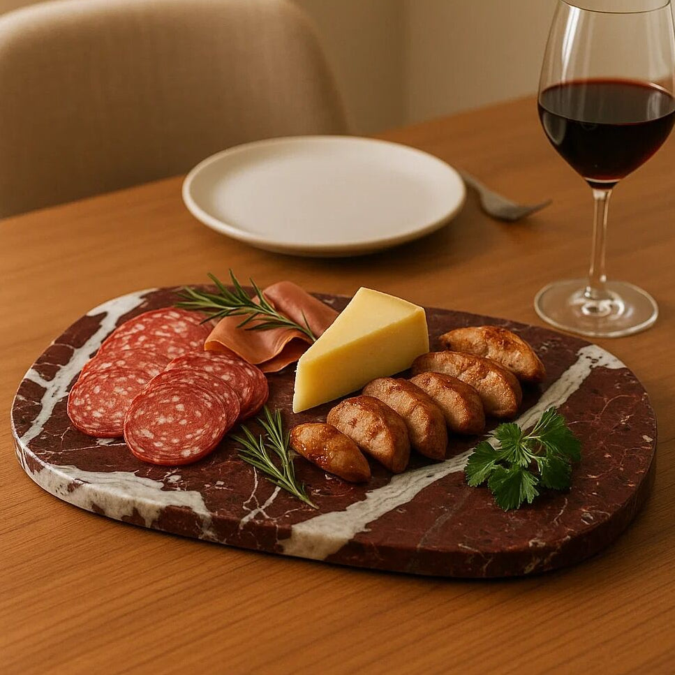 Platter of cured meats, cheese, and herbs on a wooden table with a glass of red wine.