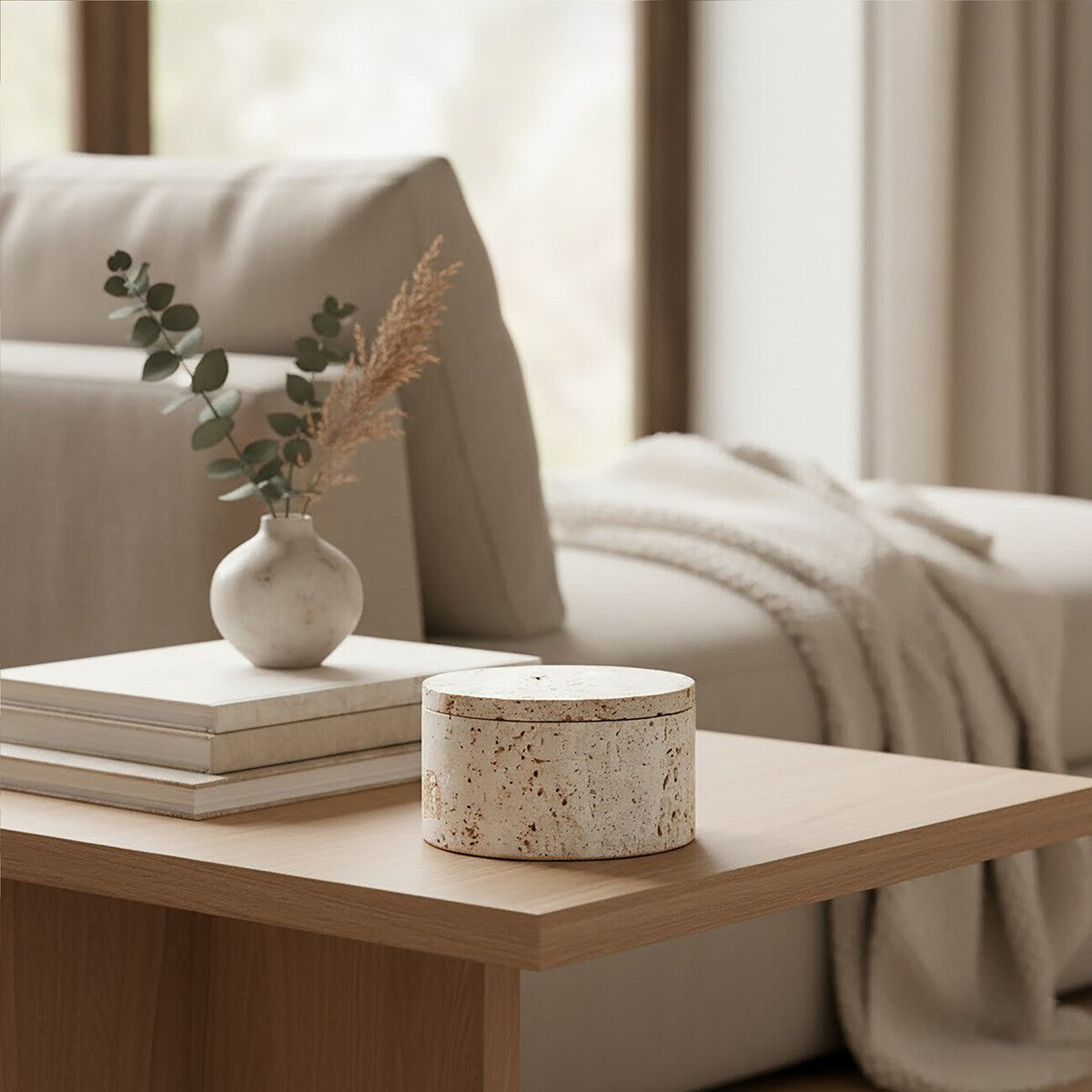 Tibor Travertine Round Trinket Box