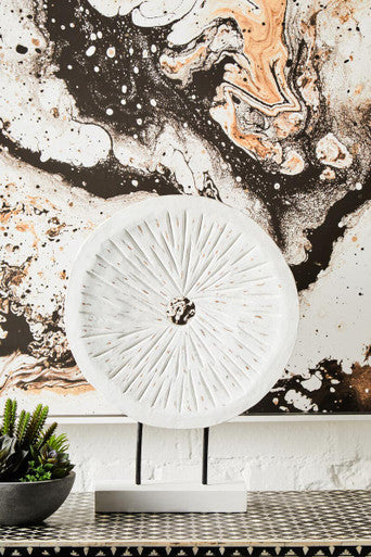 Fidel Distressed White Carved Wood Large Round Sculpture