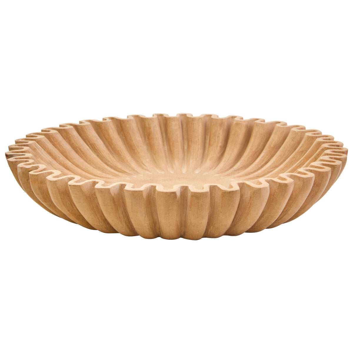 Wooden bowl with a ribbed design on a white background