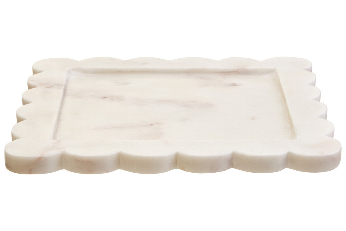 Savio White Marble Square Large Tray With Scallop Edges