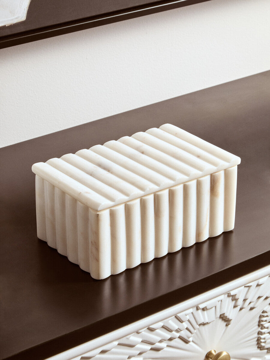 Savio Rectangular White Fluted Marble Box
