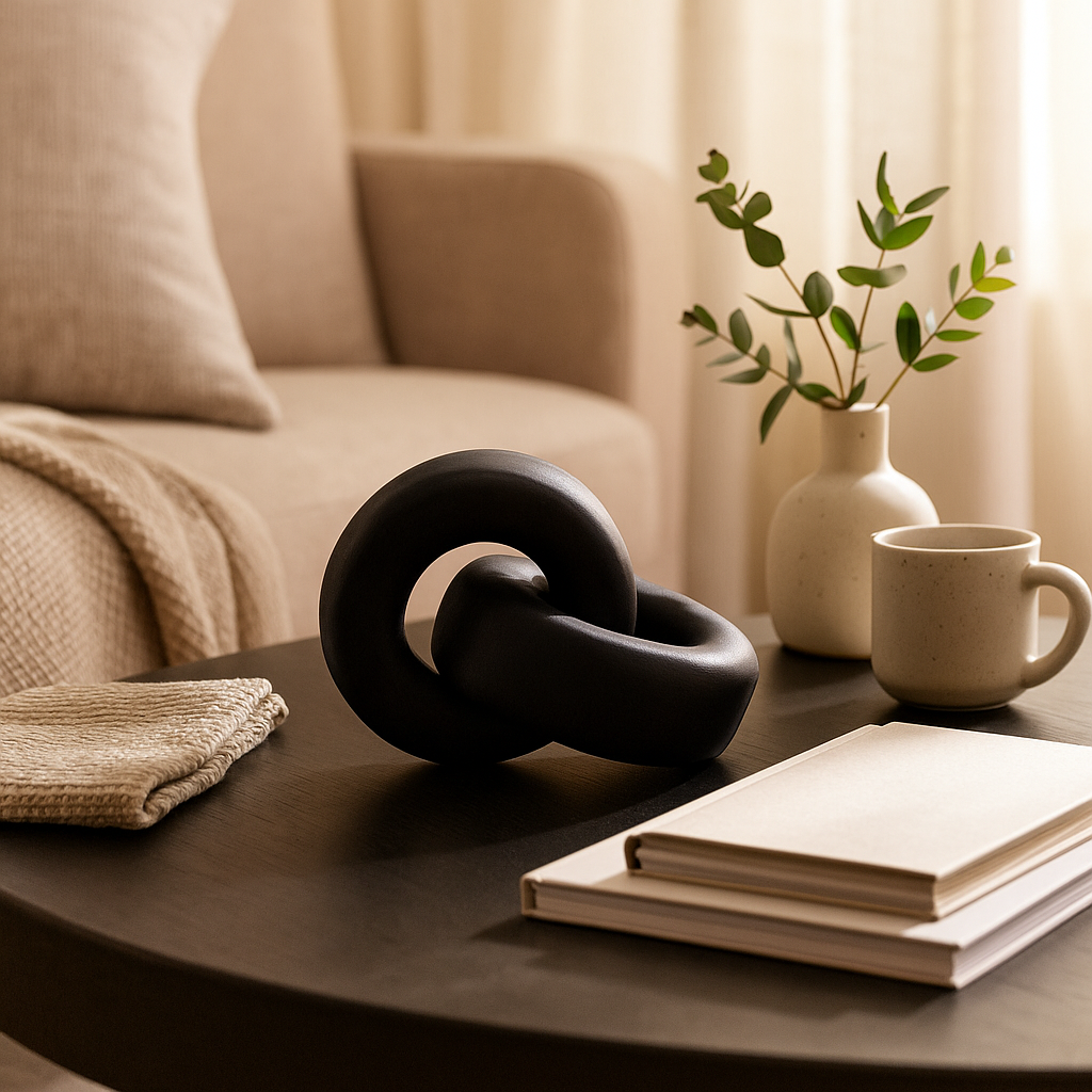 Decorative black sculpture on a coffee table with a cup, books, and a vase in a cozy living room.