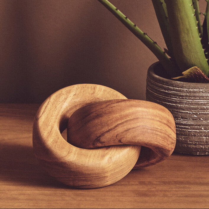 Wooden knot sculpture and potted plant on a wooden surface with a brown background