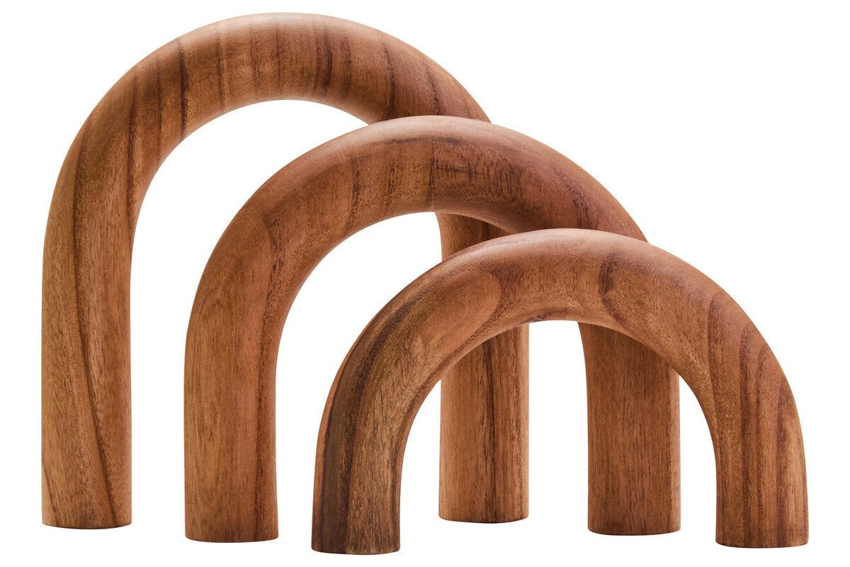 Three wooden arches of varying sizes on a white background