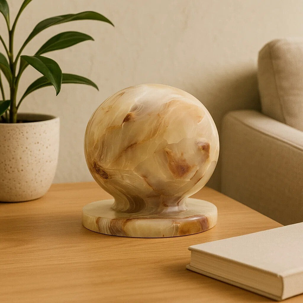 Marble-like sphere on a wooden surface with a plant and book in the background