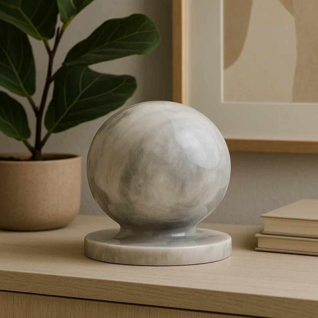 Marble sphere on a wooden surface with a plant and books in the background