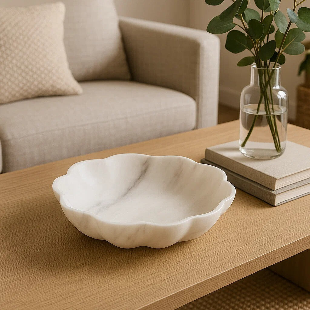 Zoro Medium White Marble Scalloped Bowl