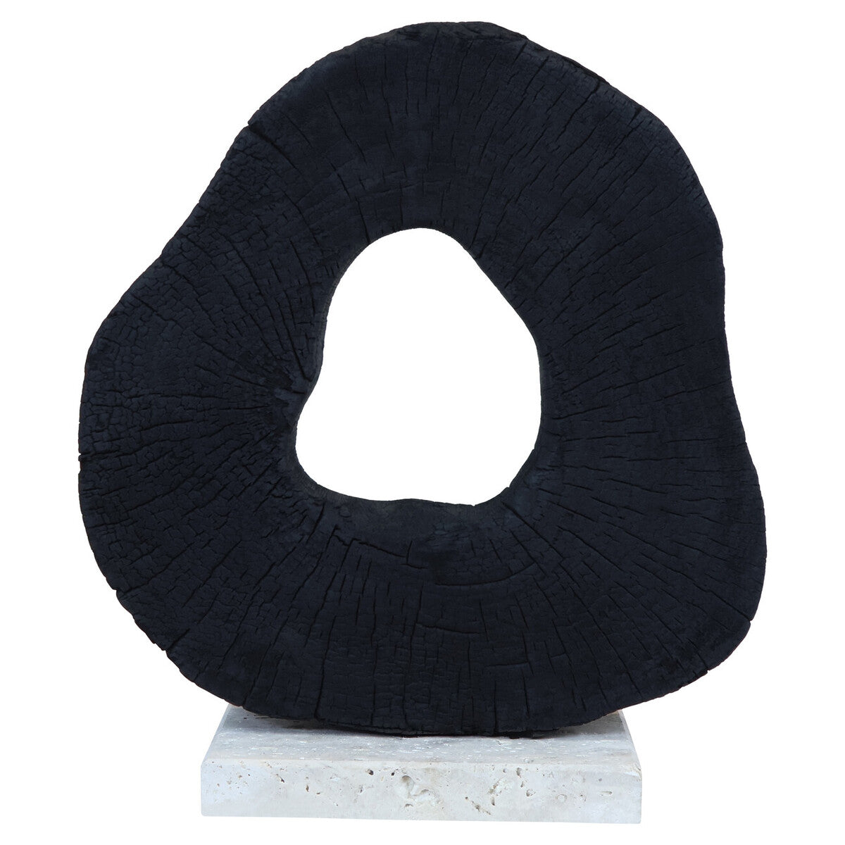 Black circular sculpture on a white pedestal against a white background