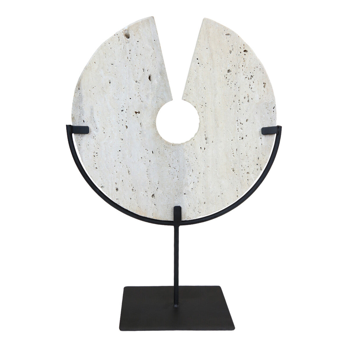 Decorative stone disc on a black stand against a white background