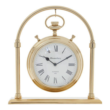 Gold-framed clock with white face and black hands on a white background