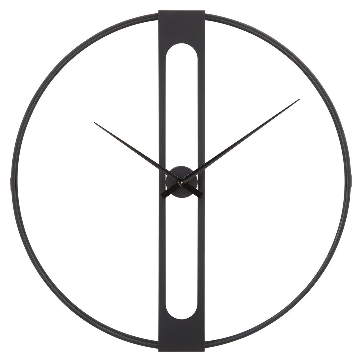 Modern wall clock with black metal design on a white background