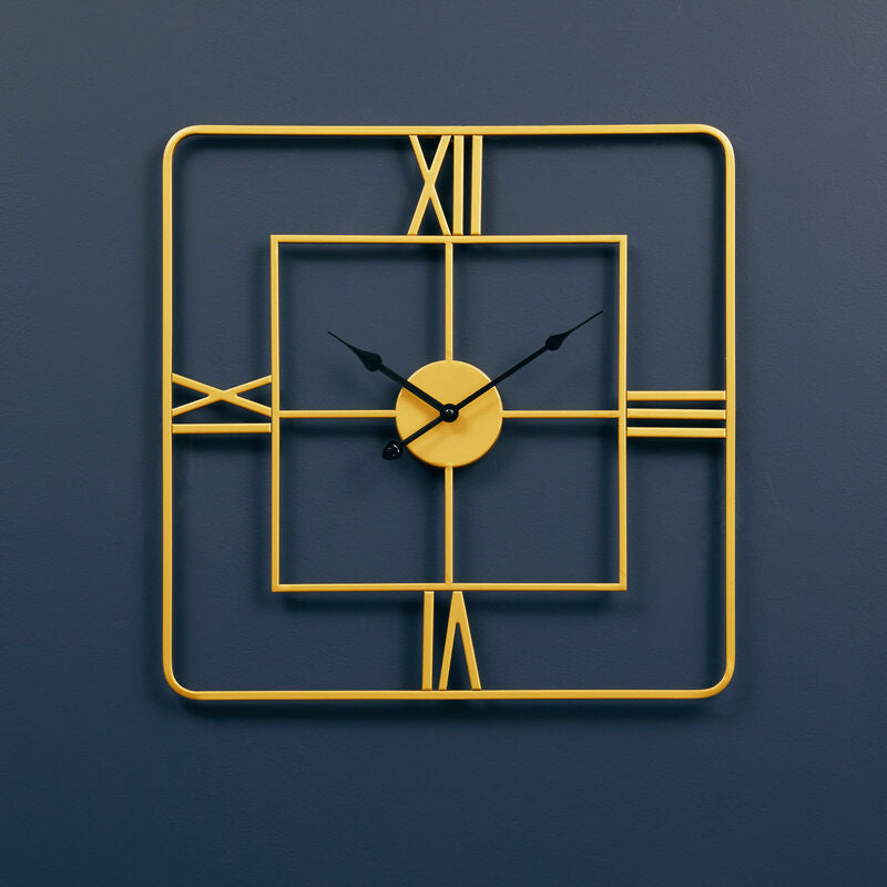 Gold square wall clock on a dark blue background