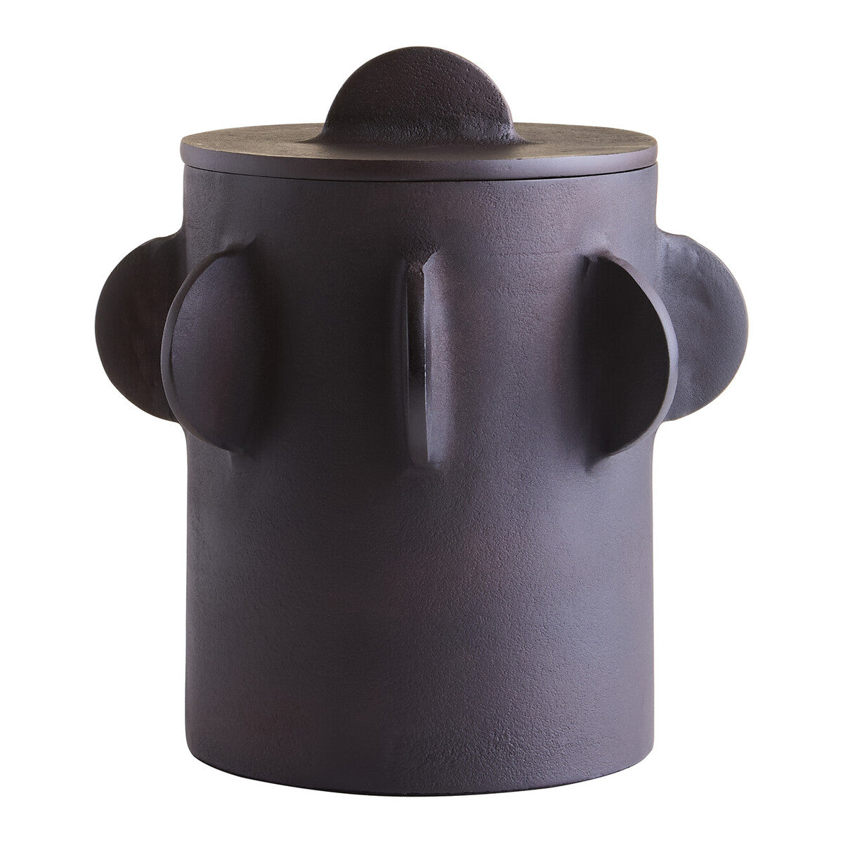 Dark gray cylindrical container with rounded protrusions on a white background