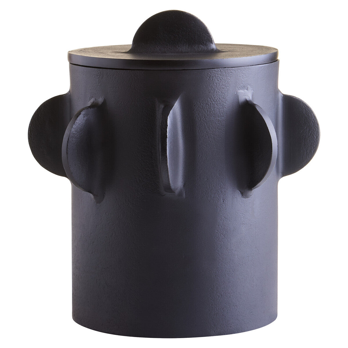 Black cylindrical container with a lid and handles on a white background