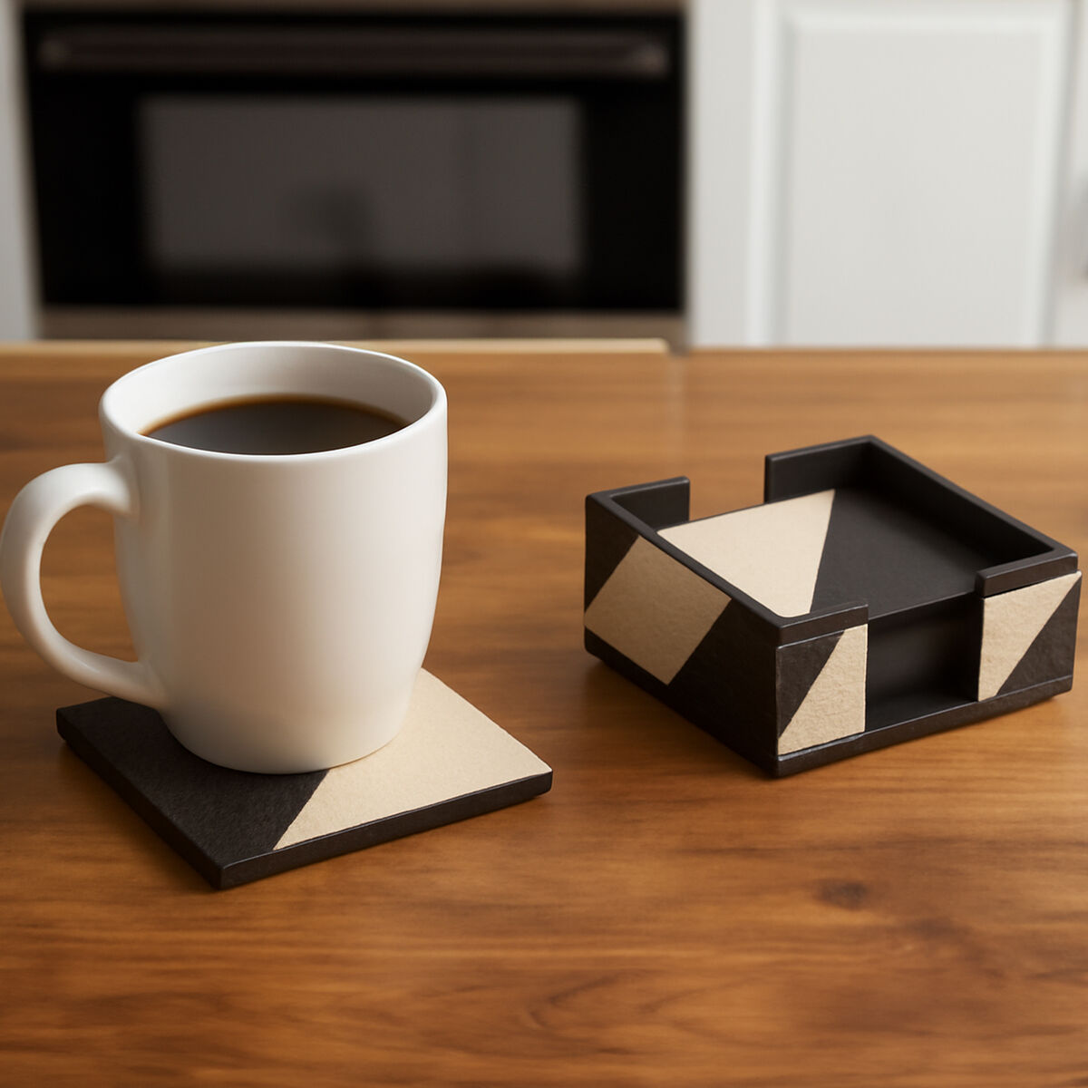 Ezra Set Of Four Black And White Coasters With Holder - Image 2