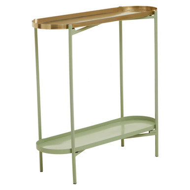 Green Metallic Console Table with Polished Gold Top and Two-Tier Shelves, Sabia