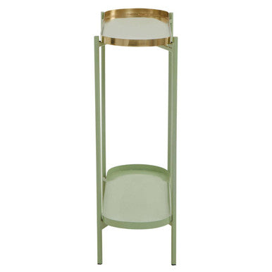 Green Metallic Console Table with Polished Gold Top and Two-Tier Shelves, Sabia