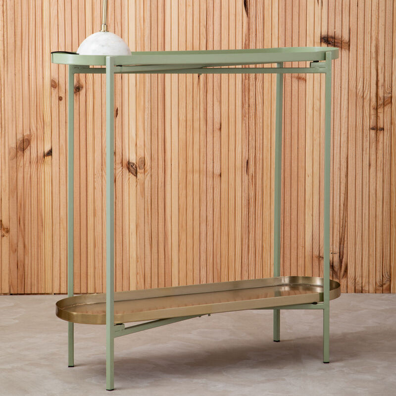 Green Metallic Console Table with Polished Gold Top and Two-Tier Shelves, Sabia