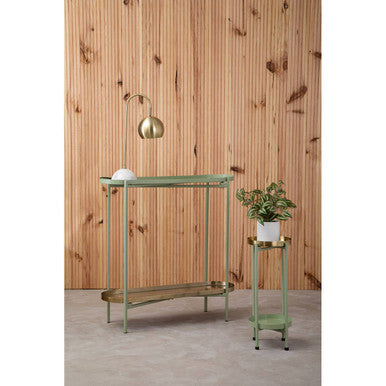 Green Metallic Console Table with Polished Gold Top and Two-Tier Shelves, Sabia