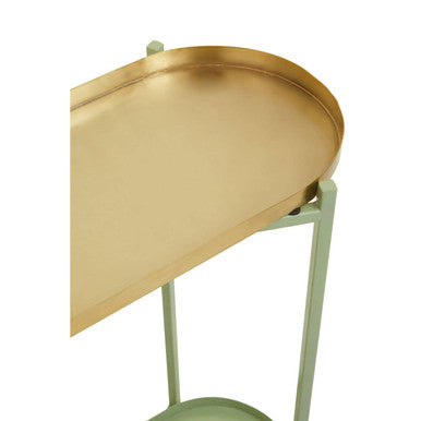Green Metallic Console Table with Polished Gold Top and Two-Tier Shelves, Sabia