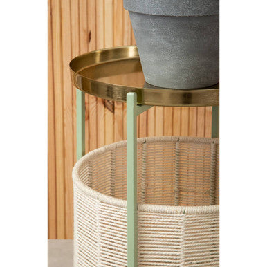 Green Iron Two-Tier Side Table with Gold Finish Iron Top and Natural Cotton Lower Storage, Sabia