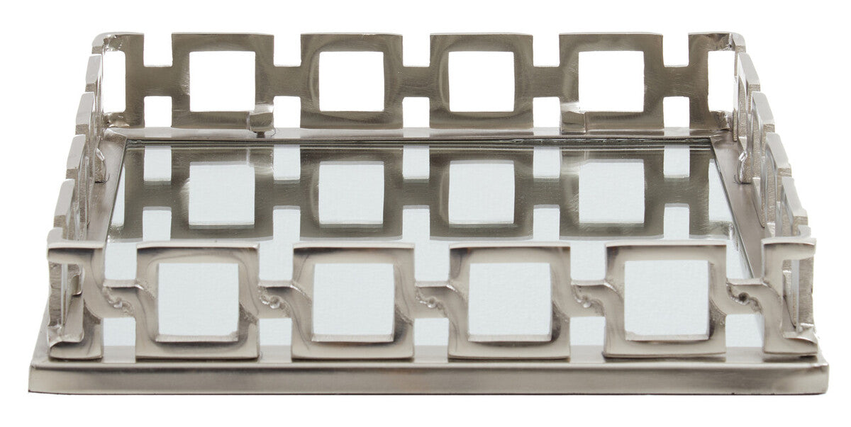 Decorative metal tray with geometric design on a white background
