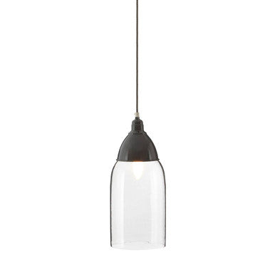 Pendant light with clear glass shade and black metal fixture on a white background