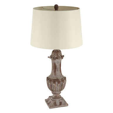 Decorative table lamp with a rustic base and beige lampshade on a white background