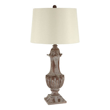 Decorative table lamp with a rustic urn base on a white background