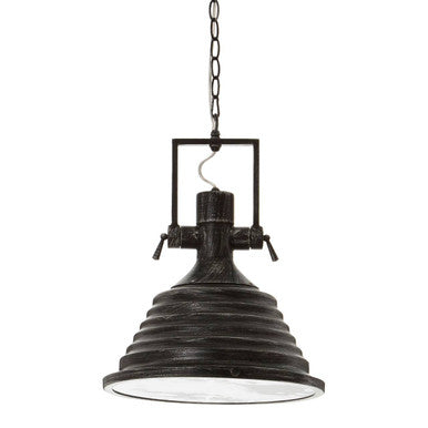 Black pendant light with a chain on a white background