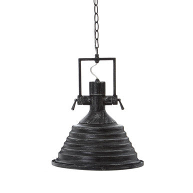 Black pendant light with a chain on a white background