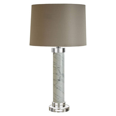Table lamp with a marble base and gray shade on a white background