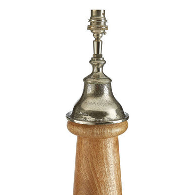 Wooden lamp base with metallic fitting on a white background