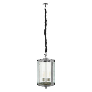 Pendant light fixture with glass shade and black cord on a white background