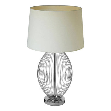 Table lamp with a white shade and metallic base on a white background