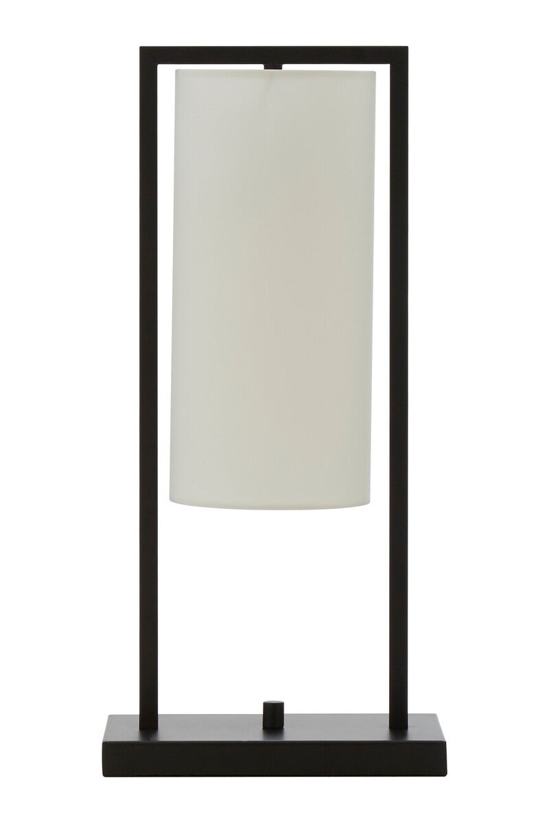 Table lamp with a black frame and white shade on a white background