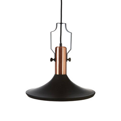 Pendant light with black shade and copper accents on a white background